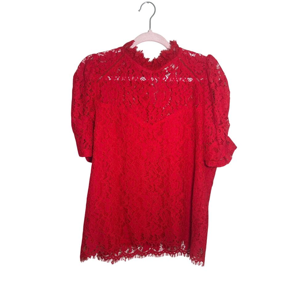 Vine & Love Women’s Red Lace Top Large NWT Short Sleeve Scalloped Hem
